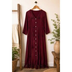 Burgundy 90s Embroidered Rayon Fringe Hem Button Front Boho Midi Dress M